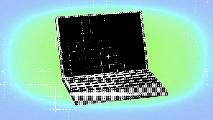 A pixelated illustration of a laptop on a blue and green gradient background. The screen and keyboard are shown in a grid-like pattern.
