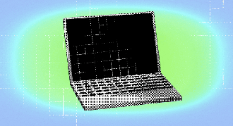A pixelated illustration of a laptop on a blue and green gradient background. The screen and keyboard are shown in a grid-like pattern.