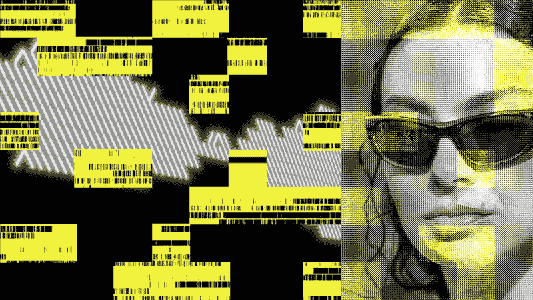 Graphic design featuring a woman in sunglasses overlaid with abstract yellow and black digital elements and barcodes.