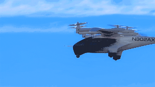A white and black vertical takeoff aircraft, marked "N302AX," flies against a clear blue sky with multiple propellers visible.