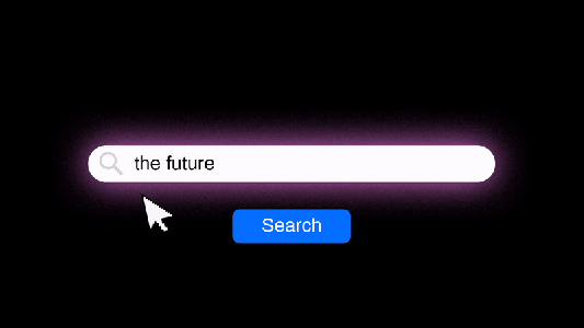 A search bar appears in the center of a dark background, with the text "the future" typed in it. A cursor hovers over the "Search" button below the bar, which is highlighted in blue, reminiscent of advanced answer engines.