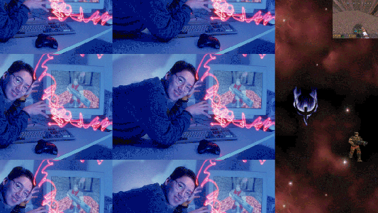 Person using a computer with pink light streaks surrounding; grid of repeated scenes showing various video game screens on the right, creating a vivid digital thresh.