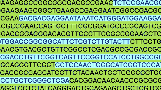 Sequences of DNA base pairs are displayed in black text on alternating green and blue horizontal backgrounds, showcasing the innovation of generative biology.
