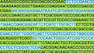 Sequences of DNA base pairs are displayed in black text on alternating green and blue horizontal backgrounds, showcasing the innovation of generative biology.