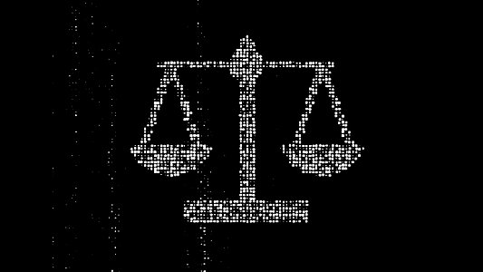Digital art depicting a balanced scale, composed of small white dots on a black background.