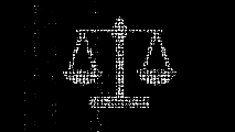 Digital art depicting a balanced scale, composed of small white dots on a black background.