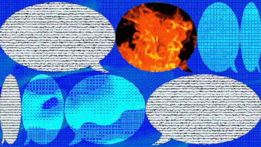 Digitized image featuring multiple speech bubbles with pixelated backgrounds. One speech bubble in the center, representing misinformation, displays an image of fire.