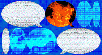 Digitized image featuring multiple speech bubbles with pixelated backgrounds. One speech bubble in the center, representing misinformation, displays an image of fire.