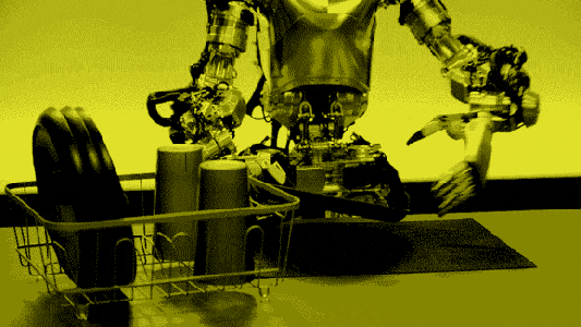 Embodied AI industrial robot arm conducting a sorting task with various objects.