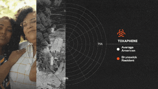 Three individuals on the left; chart on the right showing Toxaphene exposure levels with Brunswick residents at 75% and average Americans at 56%.