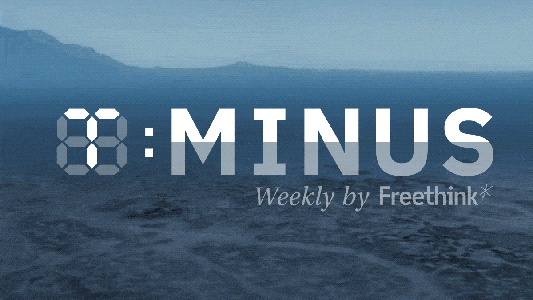 the T-Minus logo of a gif depicting a render of the OSIRIS-REx capsule landing in the desert