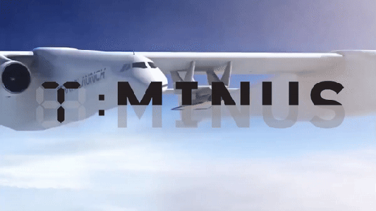 An aircraft in mid-flight with the word "Space One" visible on its body.