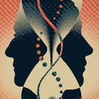 Illustration of two human profiles facing opposite directions, overlaid with a stylized DNA double helix and circular patterns, on a gradient background.