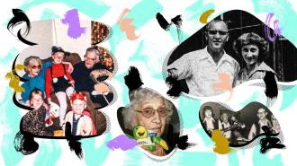 A collage of vintage family photos featuring adults and children, an elderly woman holding a toy—a symbol of longevity—and a couple, all overlaid with colorful abstract shapes.