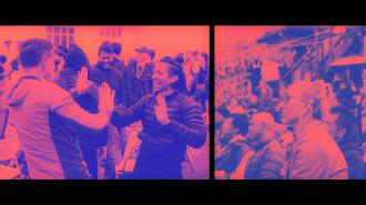 Two color-filtered panels show groups of people at an outdoor event; one side features people high-fiving, the other shows people seated and watching attentively.