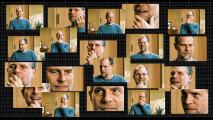 A collage of a middle-aged man in a blue shirt displays various facial expressions, including smiling, thinking, and touching his chin, set against wooden walls—reflecting the curiosity at the heart of Retro Biosciences' approach to longevity.