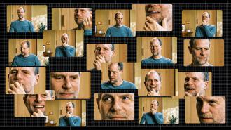 A collage of a middle-aged man in a blue shirt displays various facial expressions, including smiling, thinking, and touching his chin, set against wooden walls—reflecting the curiosity at the heart of Retro Biosciences' approach to longevity.