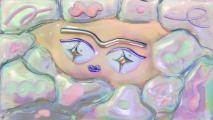 Abstract illustration of stylized eyes, eyebrow, and mouth surrounded by pastel-colored, jelly-like shapes with various patterns and textures—evoking a sense of cryopreservation through cool hues and frozen motifs.
