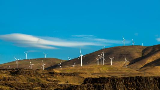 Wind turbines on rolling hills under a clear blue sky.