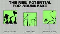 A graphic with the title "The New Potential For Abundance" shows icons for education, wind energy, and healthcare, labeled "Abundant Education," "Abundant Energy," and "Abundant Healthcare.