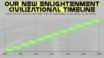 A chart titled "Our New Enlightenment Civilizational Timeline" shows green steps marking progress from 1980 to 2100, highlighting key phases of enlightenment and development across the years.