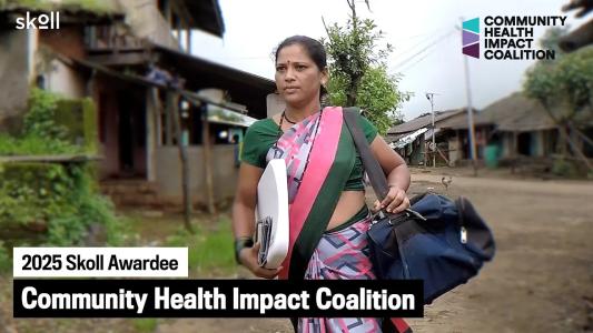A woman in a saree carries a large bag and folder, walking outside in a rural area. Text reads "2025 Skoll Awardee Community Health Impact Coalition." Logos are in the corners.