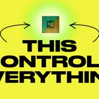 A microchip with arrows pointing to it. Text below reads, "This Controls Everything" on a yellow background.