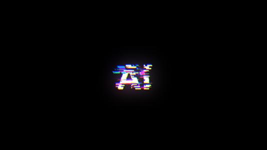 Glitchy "AI" text in multicolored pixels on a black background.