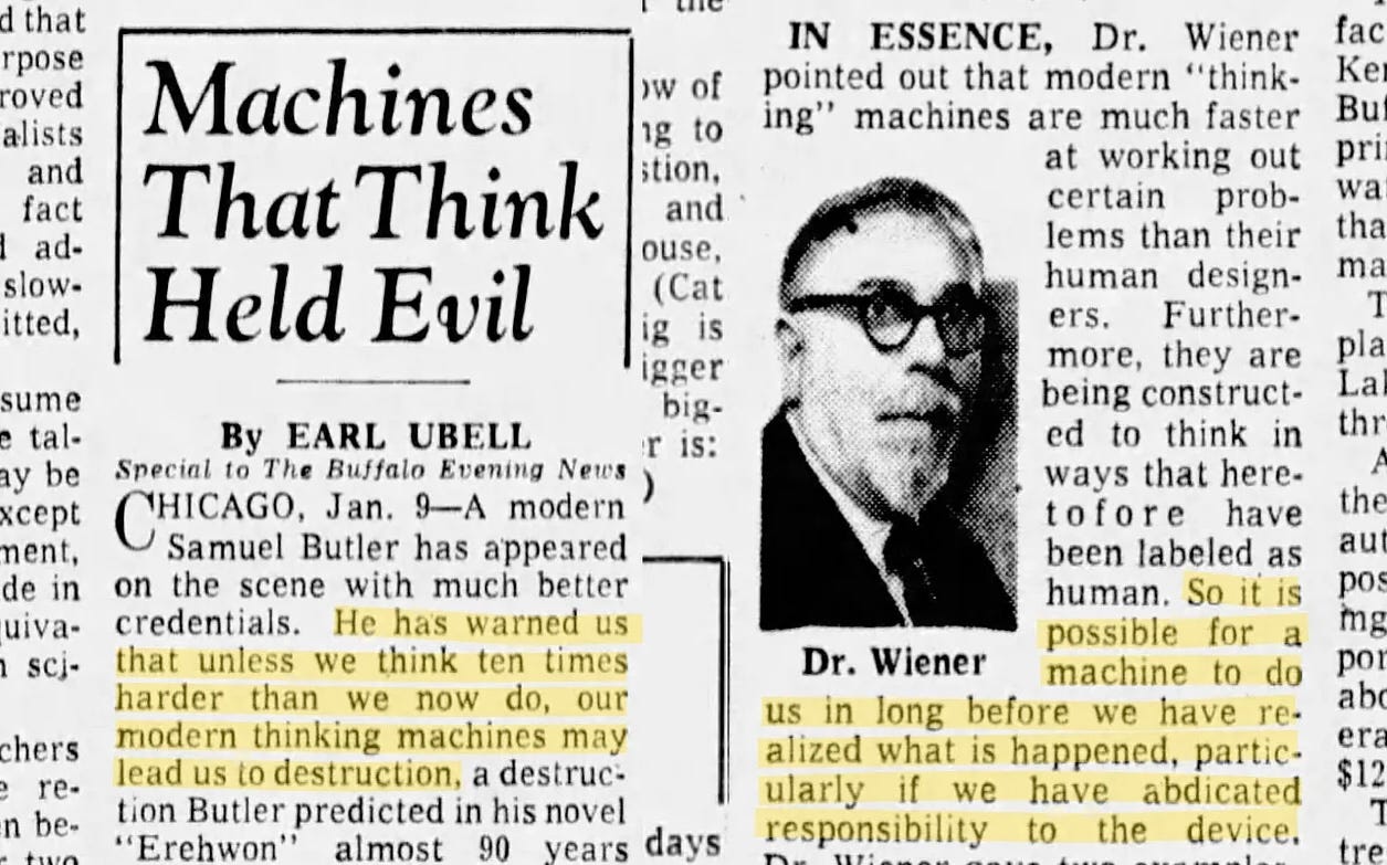 Newspaper clipping titled "Machines That Think Held Evil" with highlighted text warning about the dangers of advanced machines and a photo of Dr. Wiener.