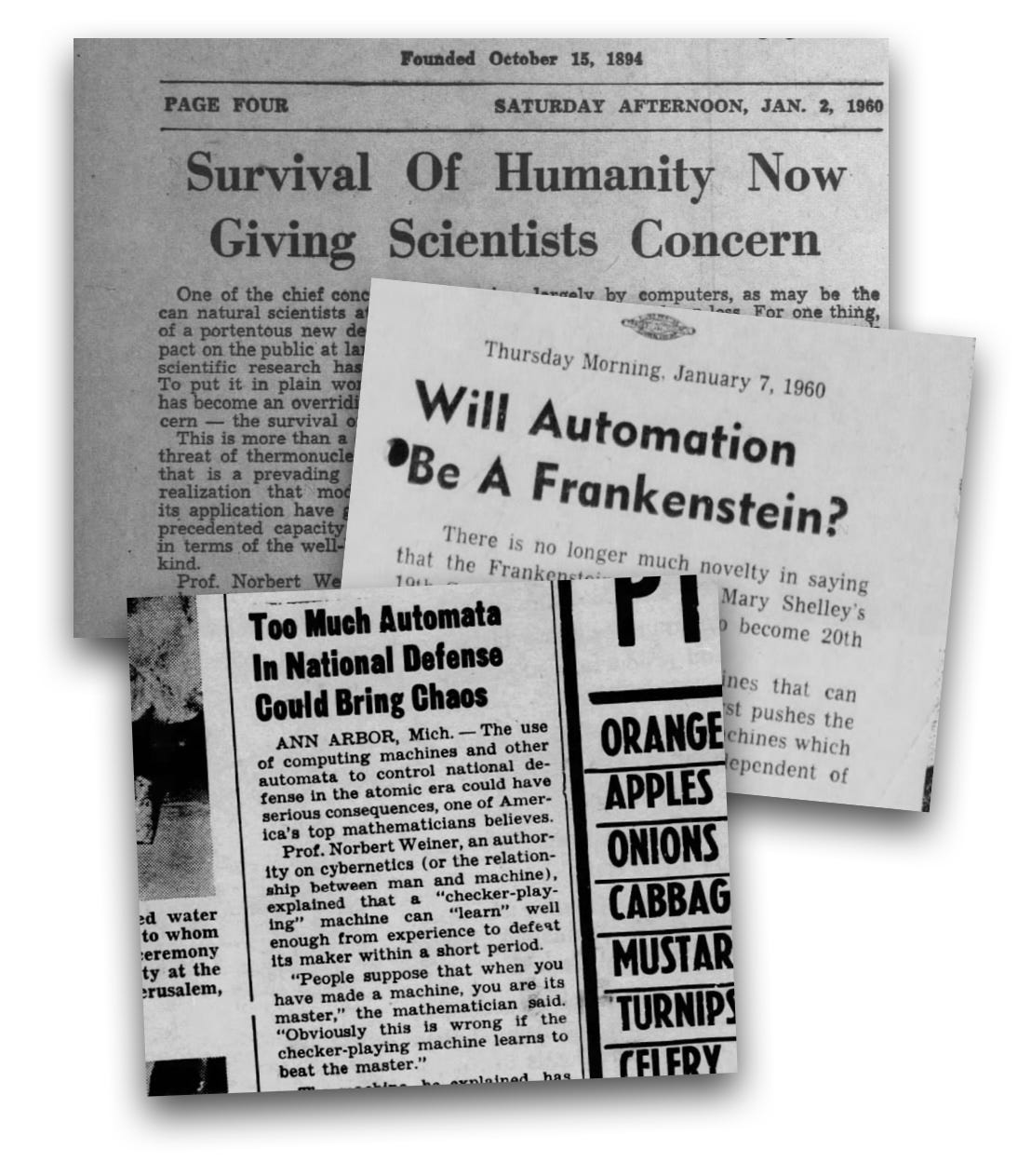 Three overlapping black-and-white newspaper clippings discuss automation, scientific concerns, and technology’s potential dangers, including headlines about automation and national defense.