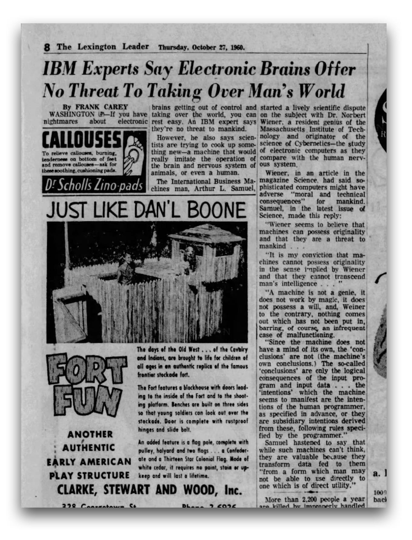 A 1960 newspaper page with an article titled "IBM Experts Say Electronic Brains Offer No Threat To Taking Over Man's World," featuring text, ads, and a "FORT FUN" play structure photo.