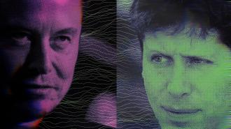 Digital artwork showing two men's faces, Elon Musk's tinted pink on the left and Sam Altman's tinted green on the right, separated by a vertical line with abstract wavy patterns.