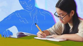 A student writes in a notebook as a blue silhouette with circuit patterns looms in the background, symbolizing an AI tutor gently guiding their learning.