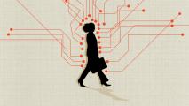 Silhouette of a person holding a briefcase, walking with red circuit-like lines radiating from their head on a beige background.