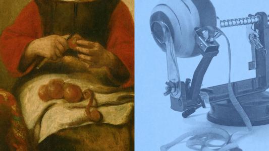 The image is split: on the left, a person peels apples with a knife; on the right, a mechanical apple peeler with a ribbon of apple peel.
