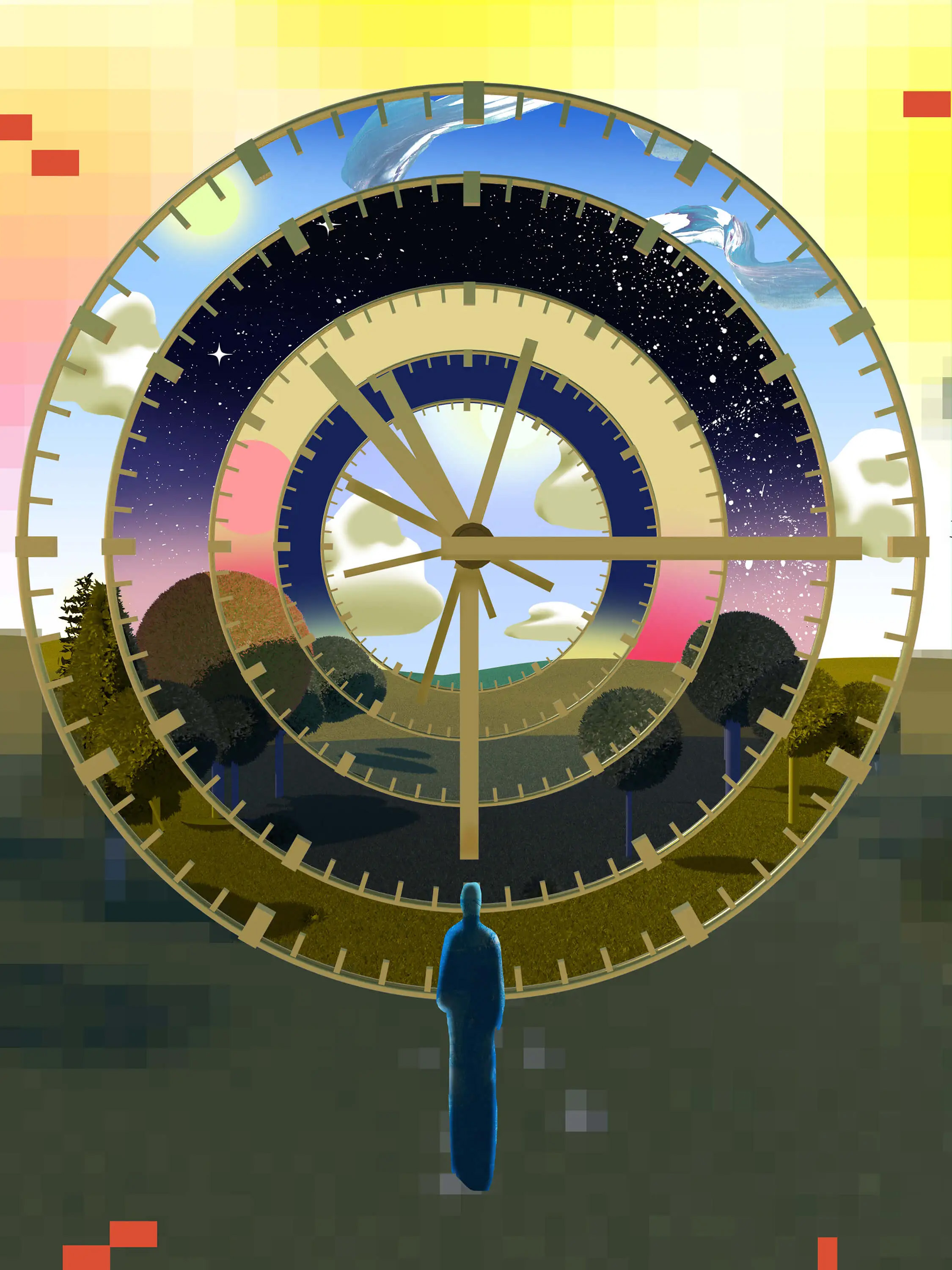 A person stands in front of a large, transparent clock with day and night skies and a landscape visible through its face.