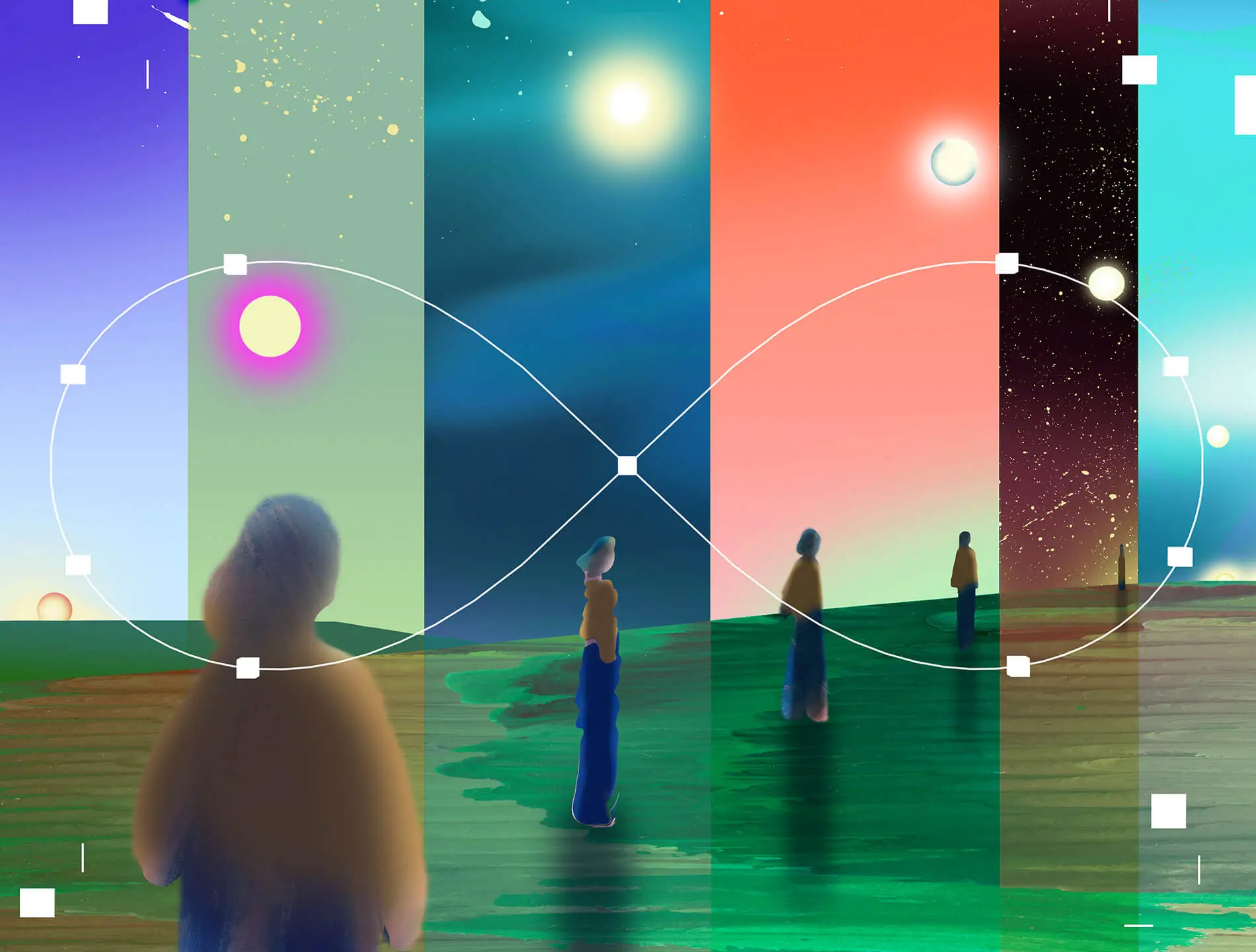 A digital illustration shows abstract human figures standing on grass against backgrounds with different sky colors and celestial bodies, divided into vertical panels with an infinity symbol overlay.