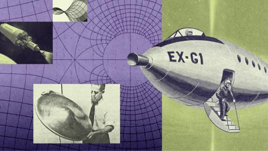 A collage of space exploration images, including a vintage rocket labeled EX-G1, an astronaut, a man with a metal dish, a spacecraft, and geometric grids in the background.