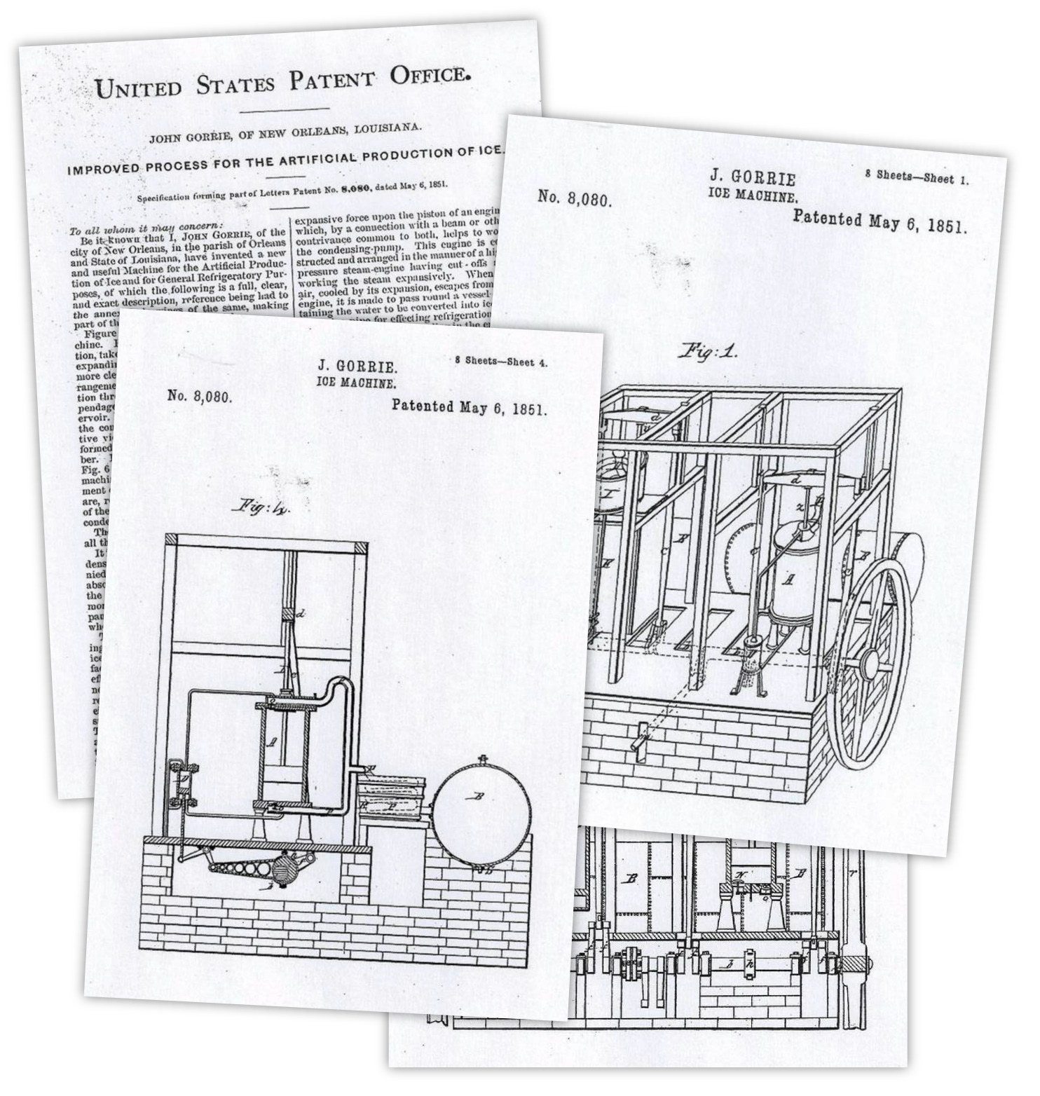 Patent documents and technical drawings for John Gorrie’s 1851 ice machine, showing mechanical schematics and official patent text from the United States Patent Office.