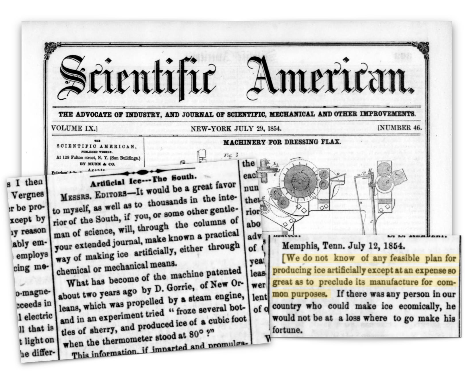 Front page of a 1854 issue of Scientific American with an excerpt stating the lack of a feasible, cost-effective method to produce artificial ice for commercial use.