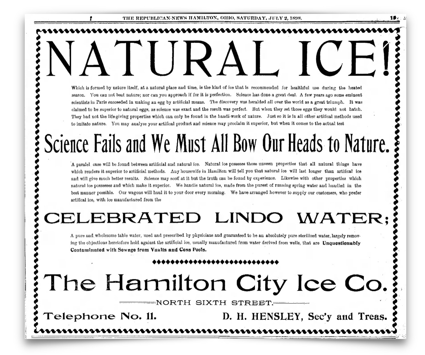 Black and white newspaper ad for The Hamilton City Ice Co. promoting natural ice, celebrated Lindo water, and includes contact details and company information in bold, decorative text.