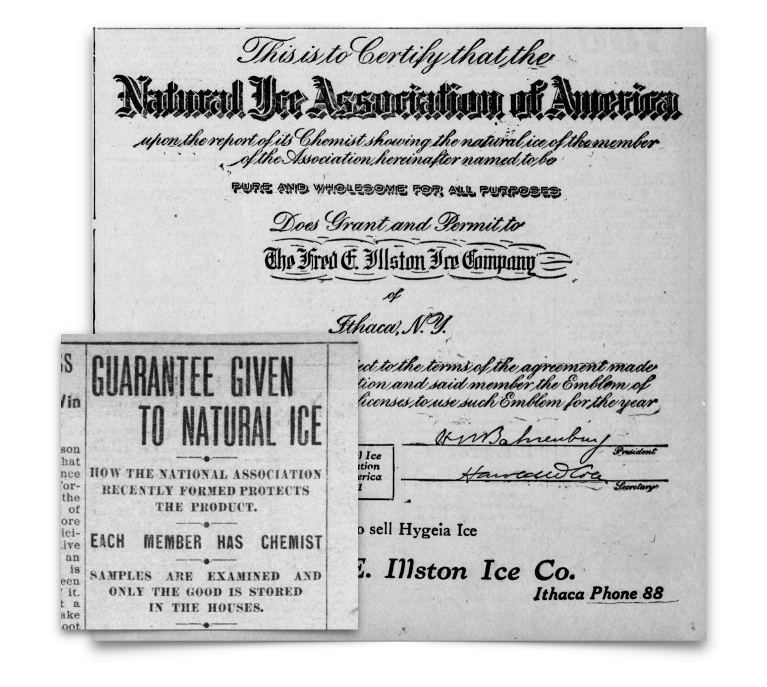 A historical certificate from the Natural Ice Association of America, with an inset showing a notice about guaranteed natural ice and product inspection standards.