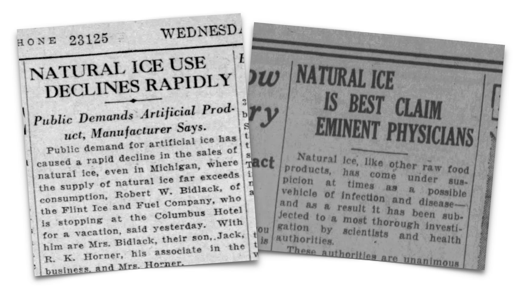 Two vintage newspaper clippings report on the decline of natural ice use and claims by physicians that natural ice is best, highlighting changing public and scientific views.