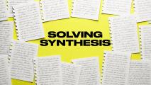 Handwritten pages are scattered on a yellow surface with the words "SOLVING SYNTHESIS" in bold black text at the center.