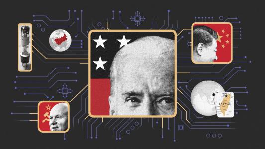 A collage featuring a grayscale face at the center with stars and a flag motif is surrounded by maps, a missile, and a circuit board, hinting at themes of geopolitics and technology—a visual narrative of the intricate dynamics in the ongoing chip war.