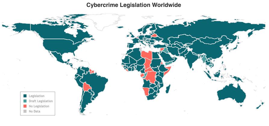 World map showing cybercrime legislation status: countries in teal have legislation, those in pink have draft legislation, and those in red have no legislation. Some areas lack data.
