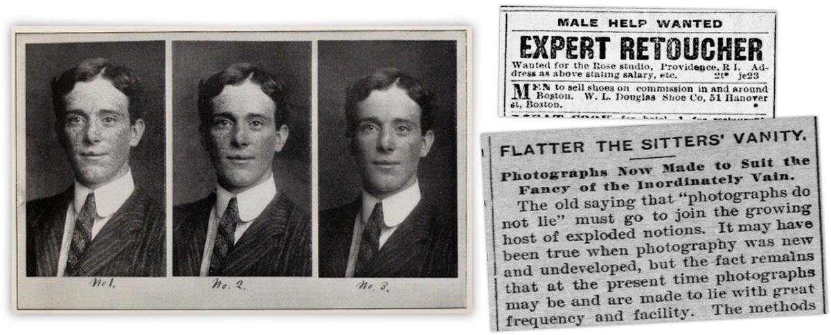 Three nearly identical black-and-white portraits of a man, with vintage newspaper ads seeking photo retouchers and discussing photo editing techniques.