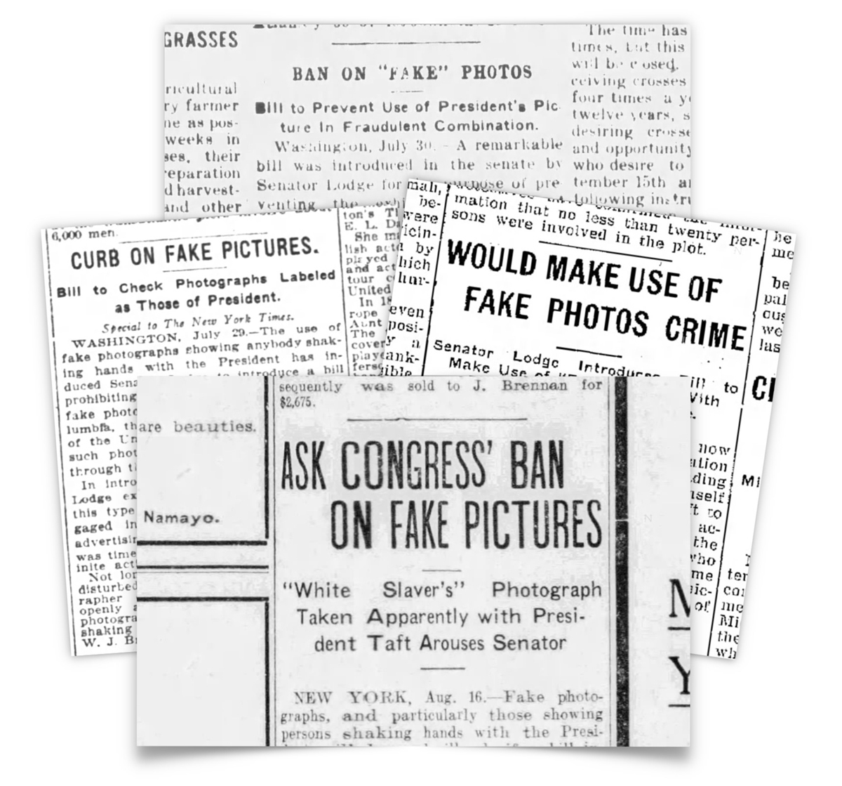 A collage of vintage newspaper headlines discusses bans and laws against "fake photos" and the criminalization of producing fraudulent pictures.