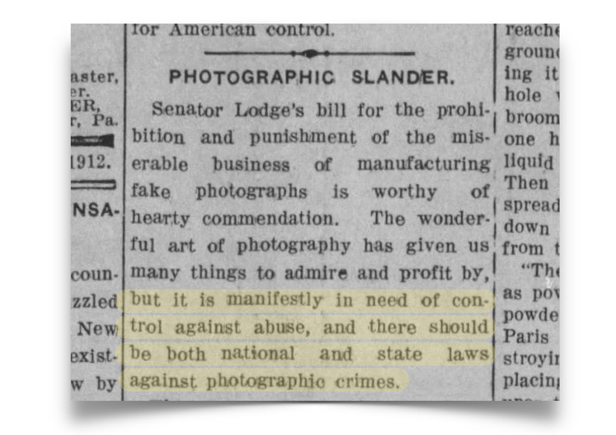 A newspaper clipping discusses a bill to control abuses in photography, highlighting the need for national and state laws against photographic crimes.