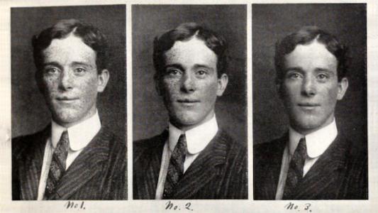 Three black-and-white portrait photos of the same man in a suit, labeled No. 1, No. 2, and No. 3, displaying different facial expressions.